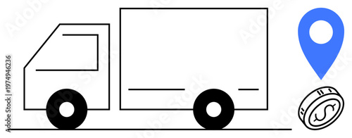 Shipping, logistics, transportation services, delivery management, e-commerce, financial operations. Black outlined truck, coin with dollar symbol and blue location pin. Shipping and logistics