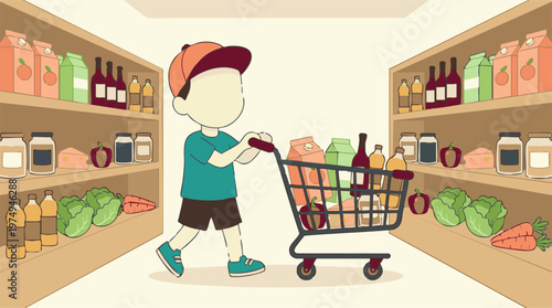 Young child pushing shopping cart with groceries in supermarket aisle