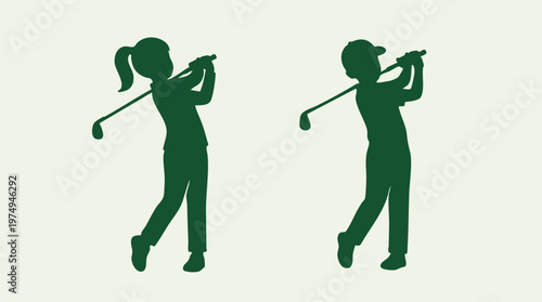 Golf player silhouettes, male and female, in dynamic swing action