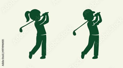 Silhouettes of children golfers swinging clubs, minimalist design