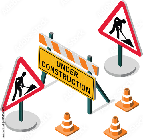 Road under construction signs with barriers cones and warning symbols indicating maintenance work zone traffic caution and safety awareness