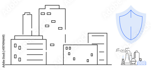 Urban safety, environmental protection, urban planning, smart cities, industrial zone monitoring, sustainability. Minimalist city buildings with shield and industrial facility icons. Urban safety