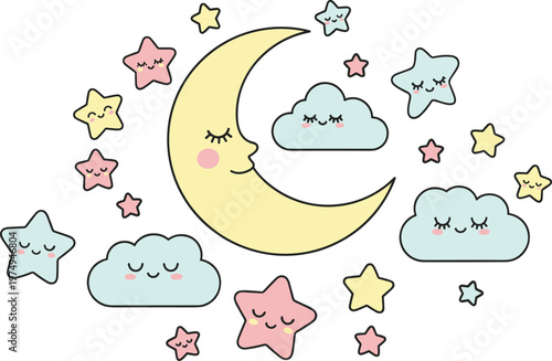Cute Kawaii Moon, Clouds, and Stars Set for Sleep, Nighttime, and Dreamy Designs