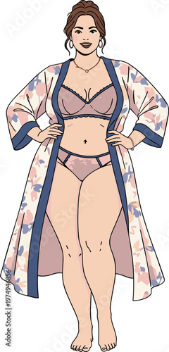 Beautiful Curvy Woman Wearing Floral Print Silk Robe and Matching Lingerie Set Standing Confidently Body Positive Fashion Vector Illustration Isolated