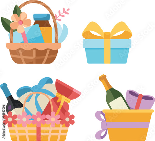 Gift baskets and present boxes illustration set for holidays, celebrations, and special occasions