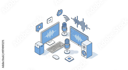 Isometric Podcast Recording Studio Illustration with Microphones, Audio Monitors, and Waveforms for Digital Content Creation