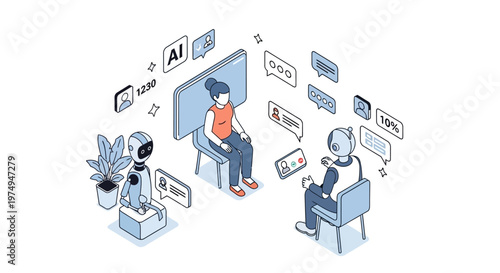 Isometric Illustration of AI Robot Interviewing a Human Candidate for Job Recruitment and Digital HR Concept