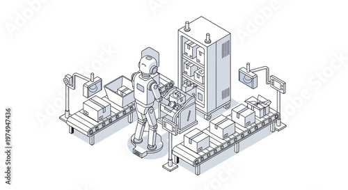 Isometric Line Art of a Humanoid Robot Working in an Automated Warehouse with Conveyor Belts and Packages