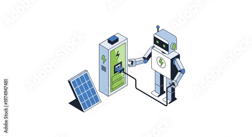 Isometric Robot Charging via Solar Panel and Battery Station - Green Renewable Energy and AI Automation Concept