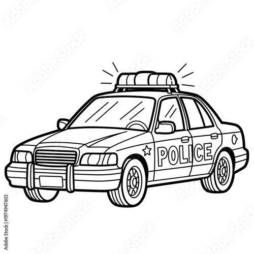 Black and white illustration of a police car with siren activated