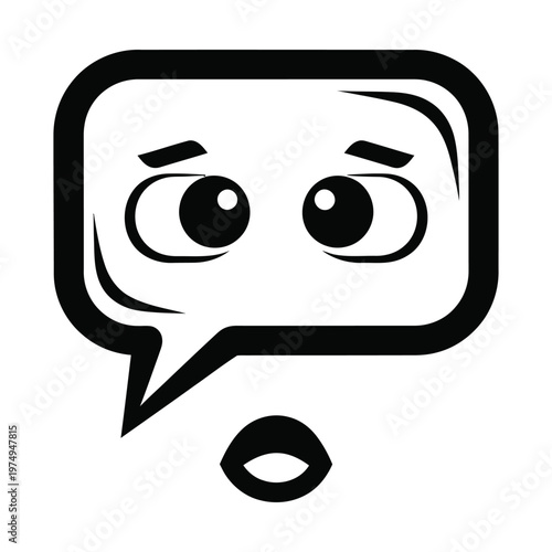 Black and white graphic of a surprised or shocked speech bubble with wide eyes and an open mouth, conveying an expression of astonishment or disbelief.
