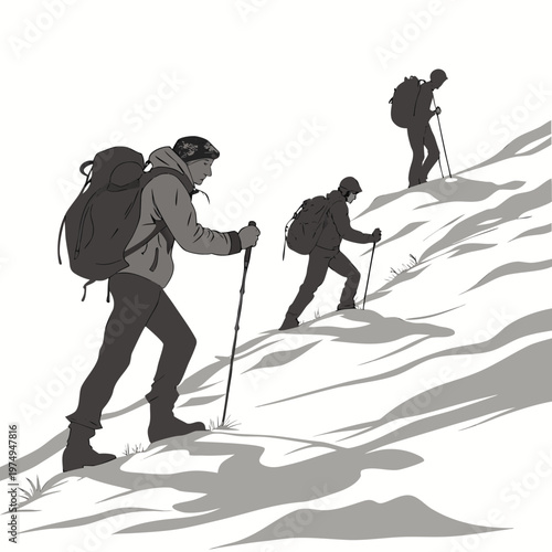 A grayscale illustration depicts three hikers ascending a steep rocky mountainside with backpacks and trekking poles high quality professional detailed modern elegant