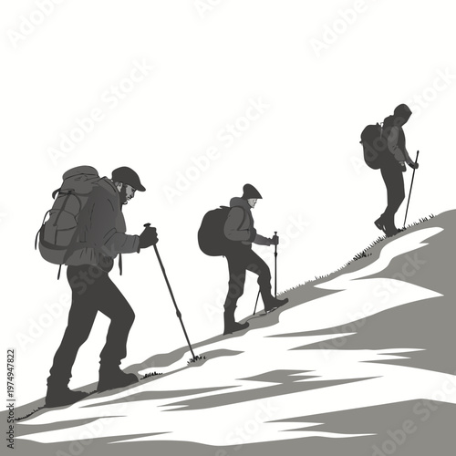A grayscale illustration depicts three silhouetted figures hiking uphill through a snowy mountainous landscape with walking poles high quality professional detailed modern