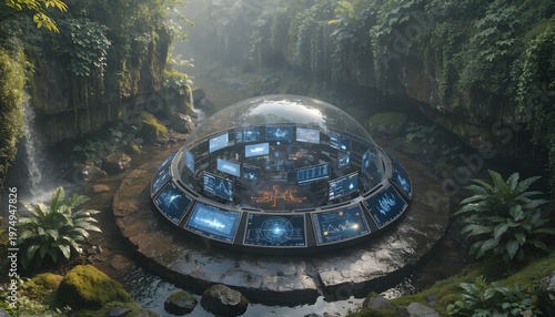 Futuristic dome structure with glowing screens in a misty jungle clearing futuristic structure technology building architecture discovery exploration advanced vegetation tropical research