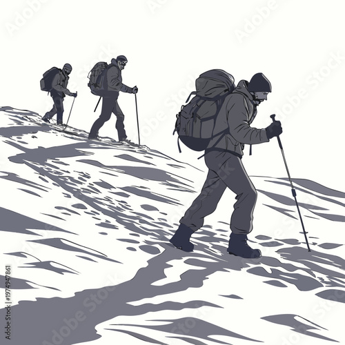 A stylized illustration depicts three mountaineers ascending a snow covered slope equipped with backpacks poles and winter gear high quality professional detailed