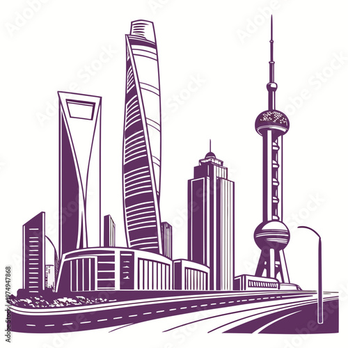 A stylized illustration depicts the shanghai skyline showcasing iconic skyscrapers and the oriental pearl tower in a monochromatic purple hue high quality