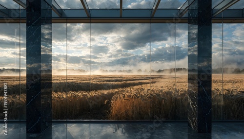 Modern glass building interior overlooking a foggy wheat field at sunrise with building interior agriculture landscape architecture countryside sunlight perspective contrast peaceful