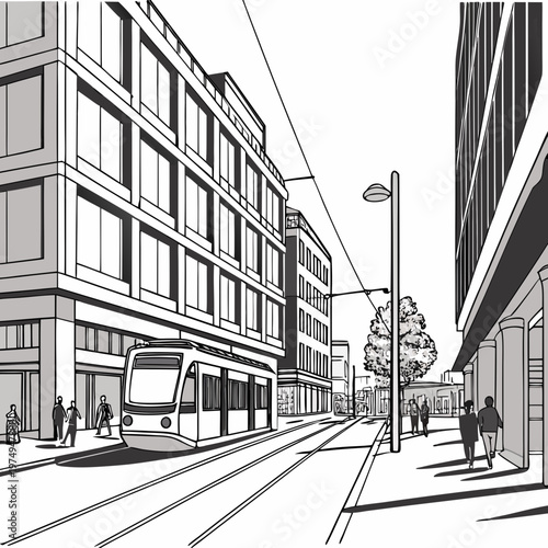 A detailed black and white illustration depicts a modern city street with a tram pedestrians and towering buildings high quality professional elegant