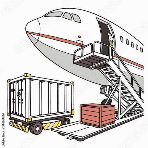 An illustrative depiction showcases a passenger airplane with an open door a boarding staircase and cargo containers below high quality professional detailed