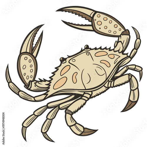 A detailed illustration showcases a light brown crab with prominent claws intricate shell patterns and long slender legs high quality professional modern