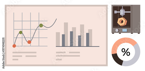 Data analytics, manufacturing, industry trends, 3D printing, business solutions, production analysis. Graphs, bar chart pie chart and 3D printer. Data analytics and manufacturing technology
