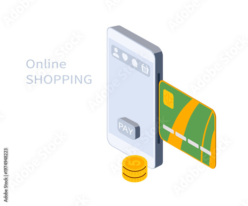 Online shopping. Isometric image of phone with online payment. Screenshot of online store app with Pay button. Vector illustration for e commerce interfaces, mobile payment, digital checkout visuals