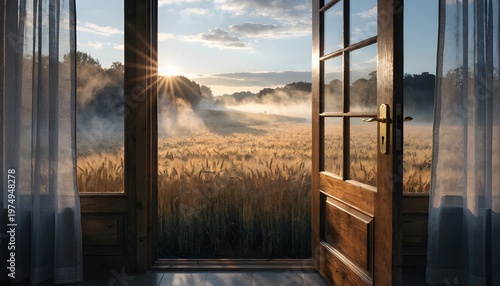 Open door revealing misty wheat field at sunrise with sunbeams agriculture countryside landscape outdoors sunlight sunbeams peaceful tranquil pastoral beginning opportunity