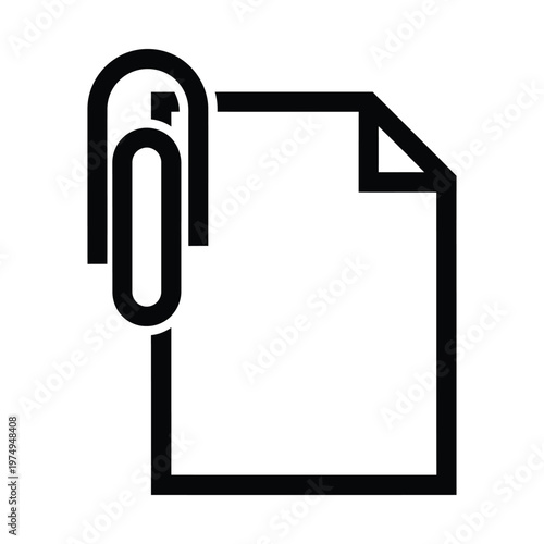 Minimalist paper clip icon with document vector, black line art of office stationery and paperclip, professional file attachment symbol for business web interface and app design