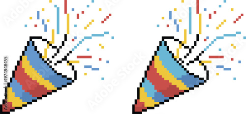 Pixel art party popper set, colorful confetti celebration icon isolated vector festive illustration design