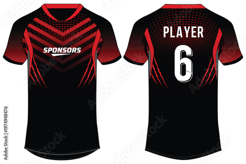 Claw scratch mark Sports t-shirt jersey design flat sketch illustration, red and black Football jersey concept with front and back view for Soccer, Cricket, Volleyball, Rugby uniform kit