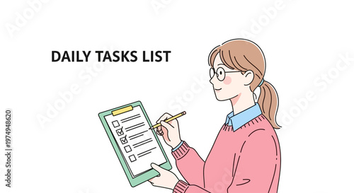 Woman holding clipboard and writing tasks.
