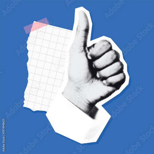 Halftone hand showing thumbs up with torn grid paper and pink tape. Vintage collage sticker on blue background.
