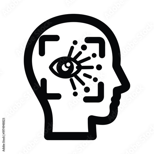 Black outline icon of a human head with an eye and radiating lines, framed by target brackets, representing vision, perception, or facial recognition technology.