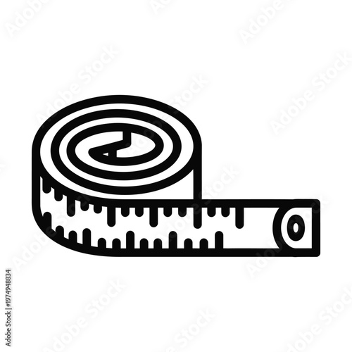 A simple black and white line art icon depicting a coiled measuring tape with a portion unrolled, showing measurement markings.