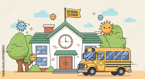 Illustration of a school building closed due to pandemic with a yellow bus