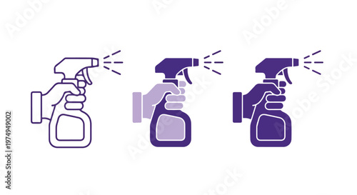 Set of three spray bottles with trigger nozzles in different shades of purple and white, used for cleaning or gardening