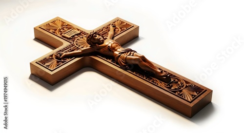 Stylish wooden religious cross with sacred Christian iconography photographed in premium isolated studio shot on seamless white background