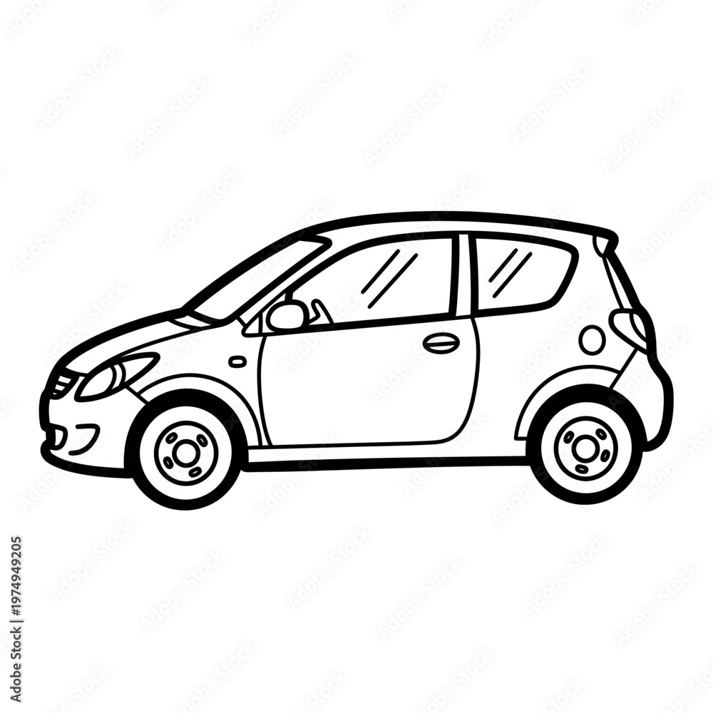 Fototapeta premium Simple black and white line drawing of a compact city car