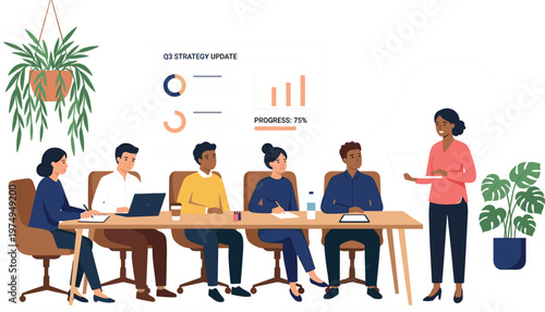 Corporate team reviewing quarterly strategy update with progress charts and manager leading discussion in professional office setting illustration
