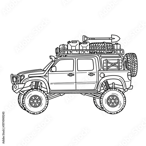 Sketch of an overloaded off road vehicle with roof rack and spare tire