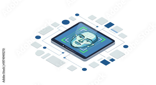 Facial Recognition Technology on Tablet Screen, Isometric Biometric Security and Artificial Intelligence Illustration