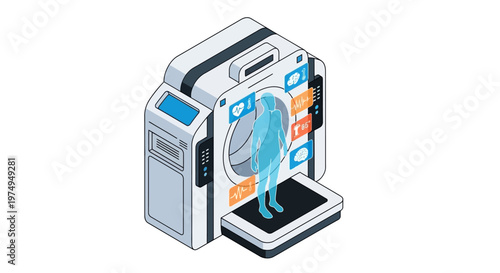 Futuristic Isometric Medical Scanner with Human Body Hologram and Health Data Icons