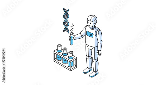 Isometric AI Robot Scientist Conducting Biotechnology Research and Genetic Engineering Experiments in Laboratory