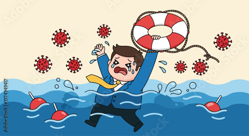 Man struggling in water with lifebuoy surrounded by virus particles in panic
