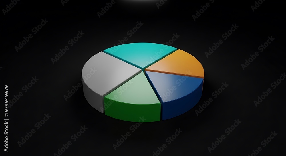 Fototapeta premium 3D-rendered pie chart with five colorful sections on black backdrop, shadow detail