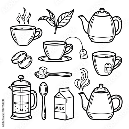 Vintage tea and coffee collection hand drawn sketch with various brewing tools