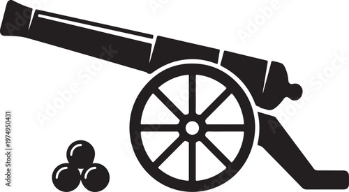 Black silhouette of an antique cannon with cannonballs, representing warfare or history