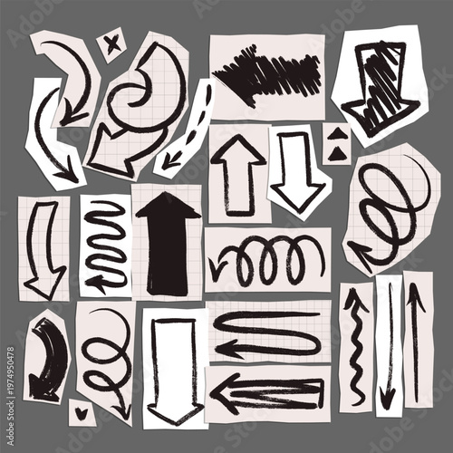 Isolated black marker hand drawn arrows on torn paper pieces set. Chaos scribbled felt tip pen pointers on paper cutouts. Vector scrapbooking sketch elements collection for grunge infographic.