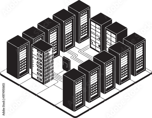 Isometric data center server racks farm for enterprise cloud hosting.