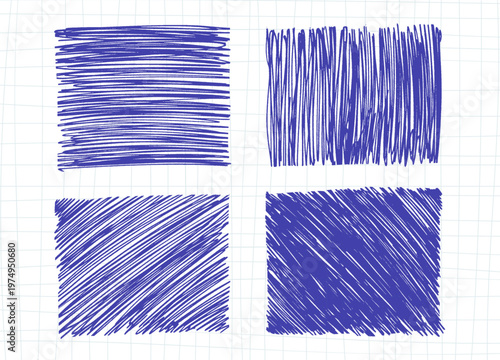 Isolated blue ink scribbled squares set. Hand drawn rough hatched texture blocks on grid notebook background. Vector chaos doodle elements collection for text highlight, banner and grunge design.